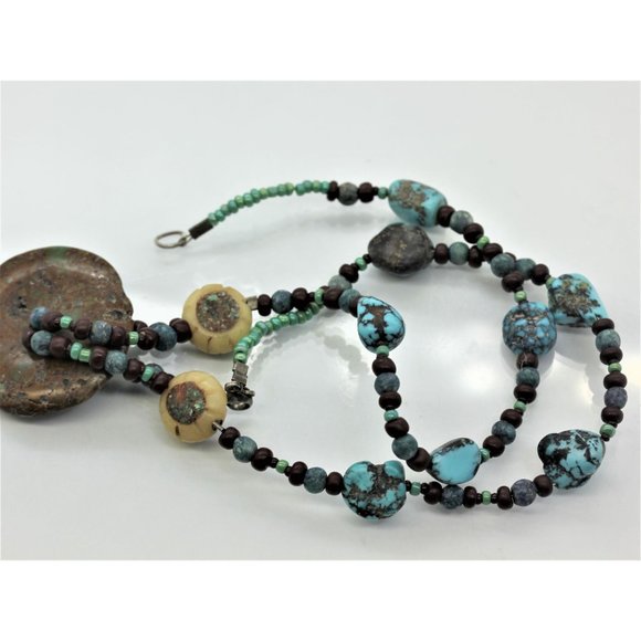 925 STERLING TURQUOISE antique,primitive, native,handmade necklace 17" 23.5 gram - Picture 5 of 10